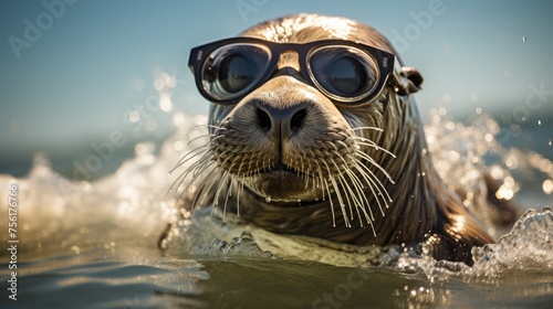 Playful seal leaps onto the beach, sporting stylish sunglasses, a splash of coastal coolness, Ai Generated.