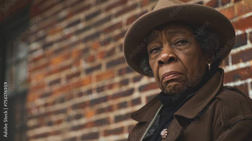 An elderly black woman wearing a hat and coat stands in front of a brick building. which is a symbol An elderly black woman wearing a hat and coat stands in front of a brick building. which is a symbol