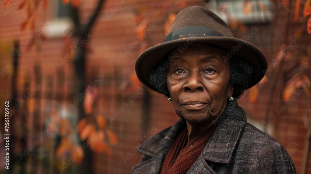 An elderly black woman wearing a hat and coat stands in front of a brick building. which is a symbol