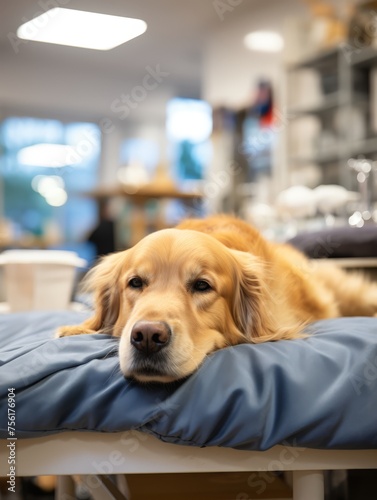 Labrador pet waits on gurney, at vet, for checkup 