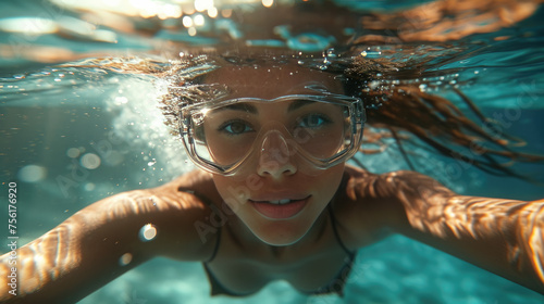 girl swimming underwater brunette realistic racing, copy space, visuals, no text, ultra detailed, HD, 8K, highlights, good lighting, High detail professional photography, photorealistic, Tone Mapping © Дмитрий Симаков