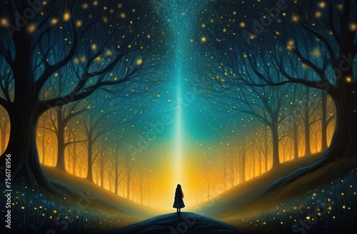 swarm of fireflies aglow in warm yellow, bathed in yellow hues with glowing moon, sense of mystery and wonder with eerie undertone. girl walking in the distance