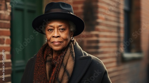 An elderly black woman wearing a hat and coat stands in front of a brick building. which is a symbol © ORG