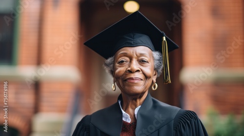 An elderly black woman wearing a graduation cap and blazer stands in front of a brick building. which is a symbol of academic success 