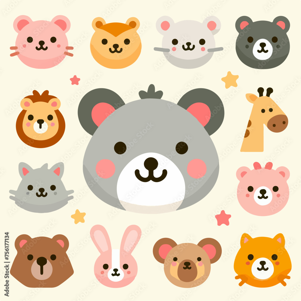 set of cute cartoon animal icons. vector illustration. suitable for stickers