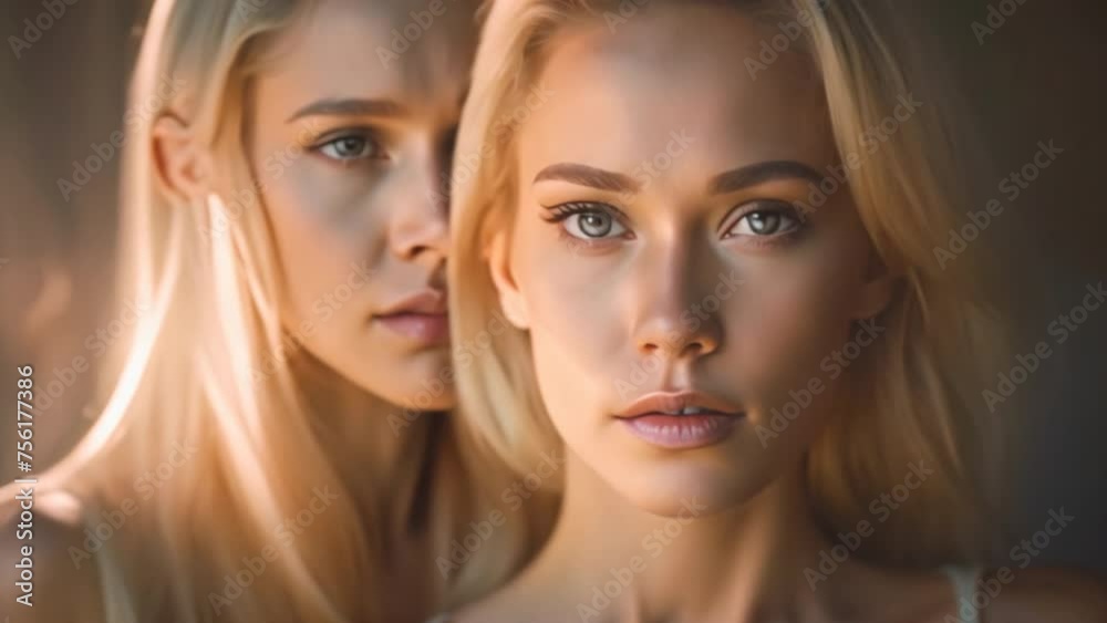 Young woman with elegant blonde curly hair on a golden glitter background. Premium assembly Young woman with elegant blonde curly hair on a golden glitter background. Premium assembly