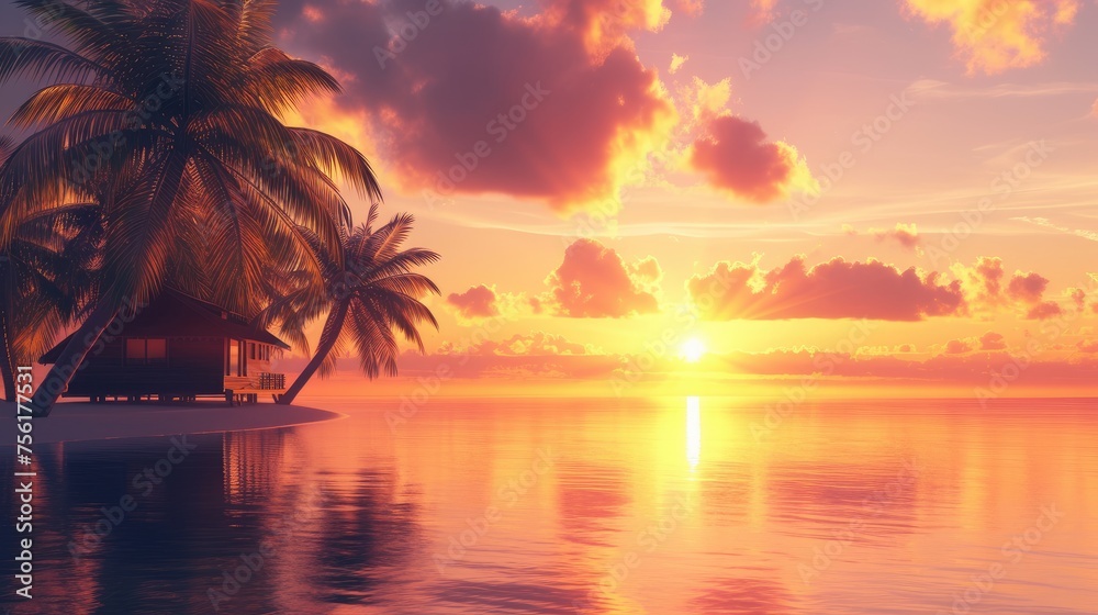 Paradise beach with palm trees, a sea-facing cabin, and the golden hues of sunset. Ai Generated.