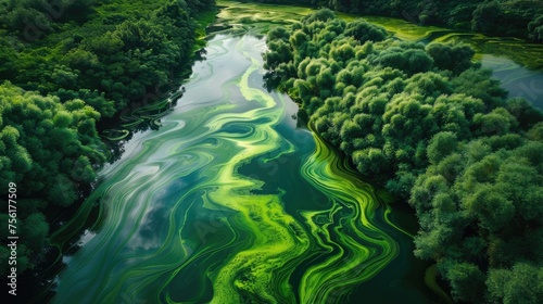 Amazing blooming algae paints the green river in a stunning natural display. Ai Generated.