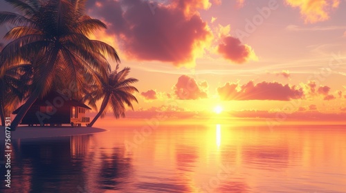 Paradise beach with palm trees, a sea-facing cabin, and the golden hues of sunset. Ai Generated. © Crazy Juke
