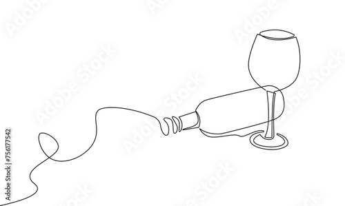 continuous single line drawing of wine bottle and wine glass, line art isolated vector illustration