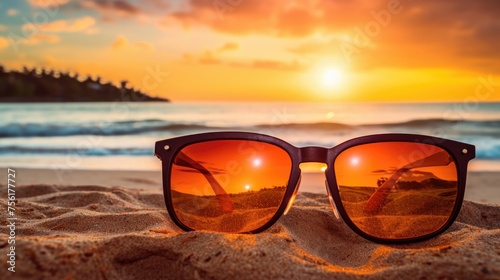 Orange sunglasses rest on sandy shores, framing a vibrant sunset over the tranquil ocean, Ai Generated