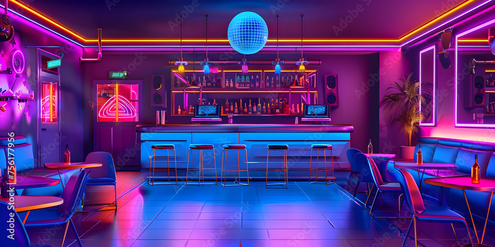 Cyberpunk style bar or café. Night scene of big city futuristic nostalgic  Neon lights vibrant colors photorealistic horizontal illustration.