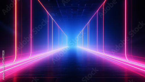 A long tunnel with blue and red lights