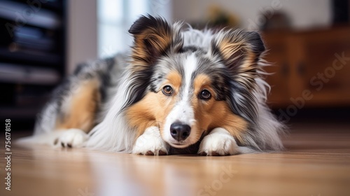 A cute Collie rests on a white living room carpet. Ai Generated. photo