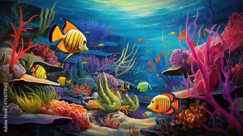 Colorful fish explores vibrant underwater habitat with bright coral and lively plants, Ai Generated. © Crazy Juke