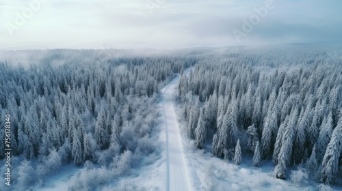 Winter landscape with pine forest in snow There is a curved road on a cloudy day in the mountains. Group of frosty pine trees in snowy forest in trees, winter landscape