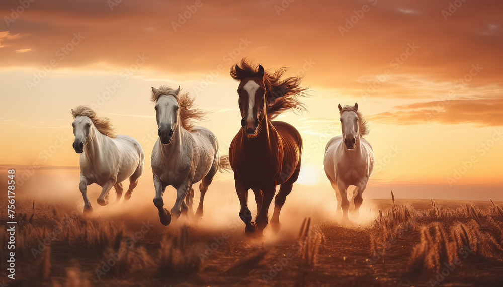 Four horses running in a field with a beautiful sunset in the background - obrazy, fototapety, plakaty 