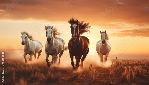 Four horses running in a field with a beautiful sunset in the background photo