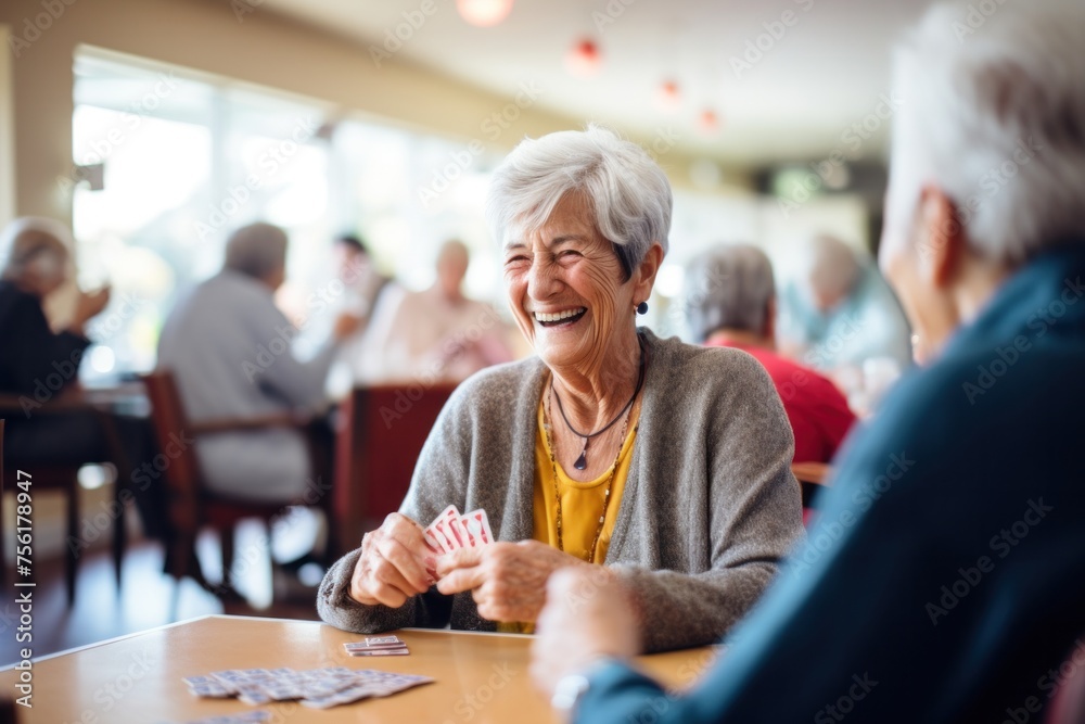 Fototapeta premium Happy elderly retired woman playing cards with friends in community center