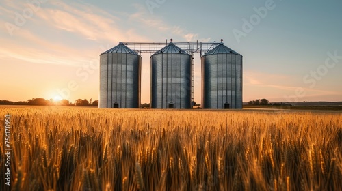 Silos stand tall in a wheat field, symbolizing the storage of agricultural abundance. Agriculture concept. Ai Generated. © Crazy Juke