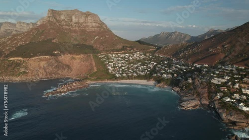 Beachfront Suburb Of Llandudno With Judas Peak In The Background In Cape Town, South Africa. Aerial Wide Shot