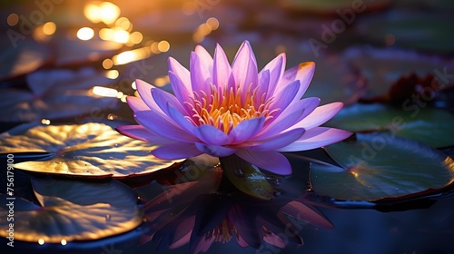 A single purple water lily graces a tranquil pond, unfolding its beauty in a regal and serene display. Ai Generated.
