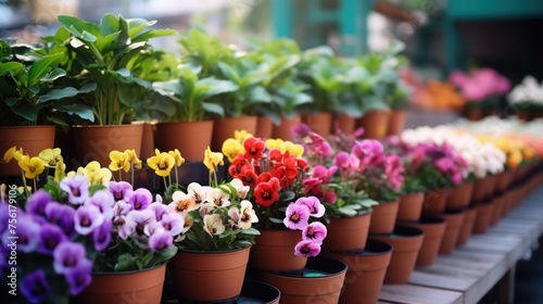 Wallpaper Mural Colorful blooming flowers in pots are displayed on the shelves of a flower shop. Torontodigital.ca
