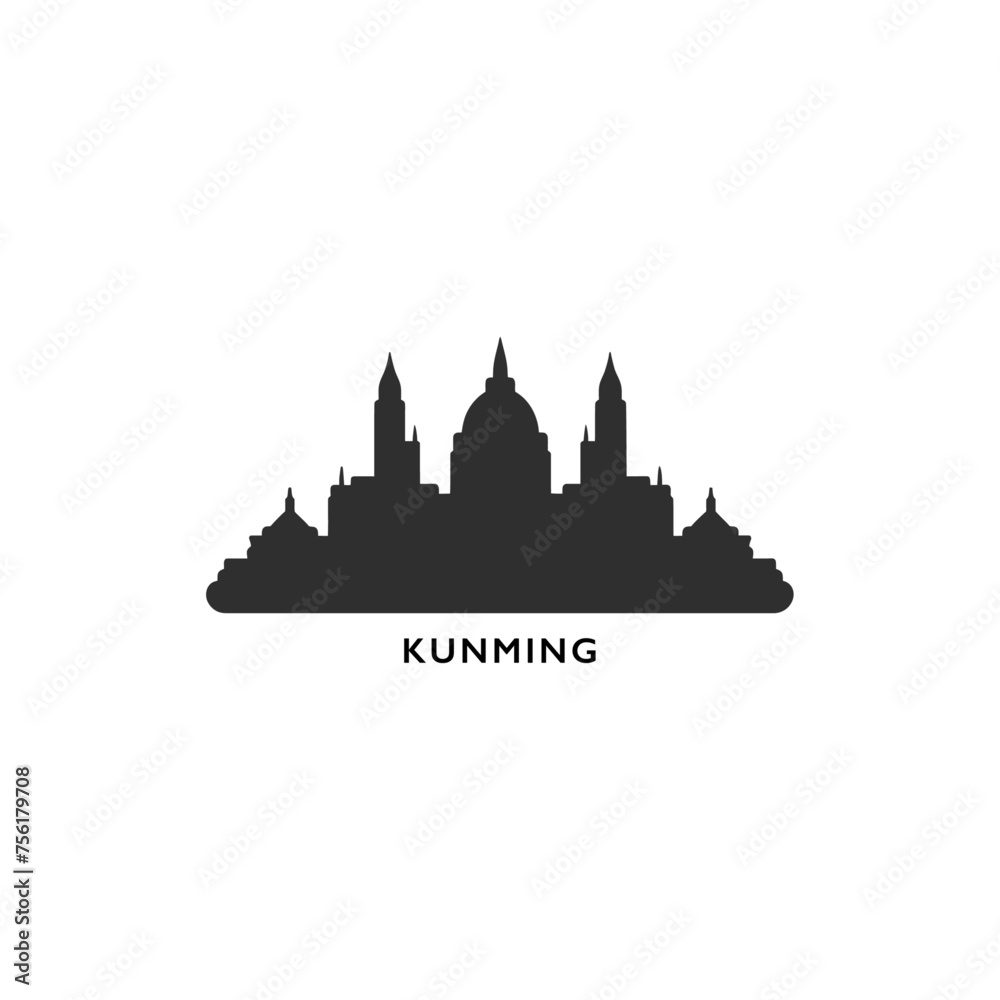 China Kunming cityscape skyline city panorama vector flat modern logo icon. Asian megapolis town emblem idea with landmarks and building silhouettes. Isolated graphic