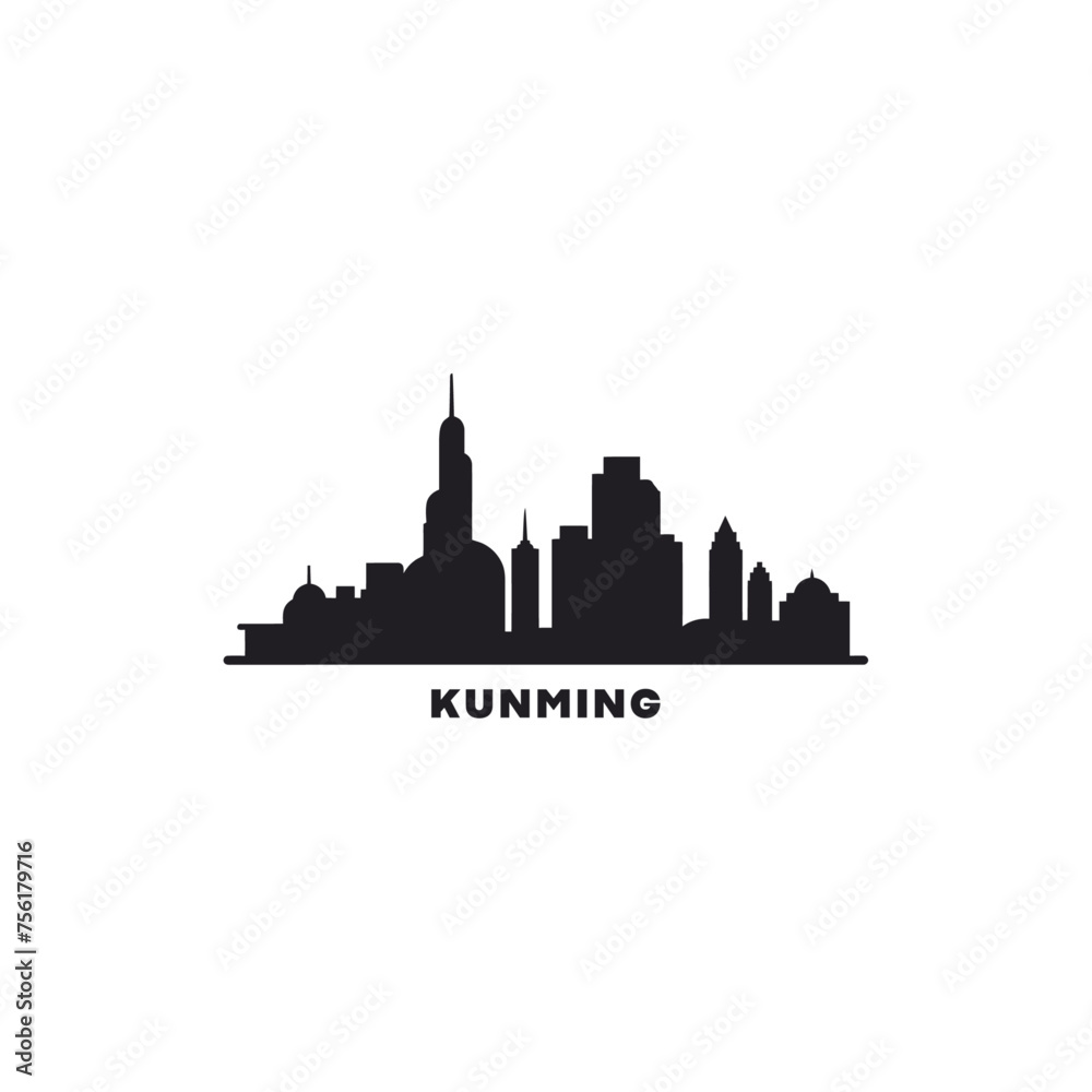 China Kunming cityscape skyline city panorama vector flat modern logo icon. Asian megapolis town emblem idea with landmarks and building silhouettes. Isolated graphic