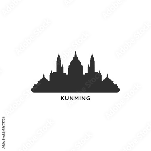 China Kunming cityscape skyline city panorama vector flat modern logo icon. Asian megapolis town emblem idea with landmarks and building silhouettes. Isolated graphic