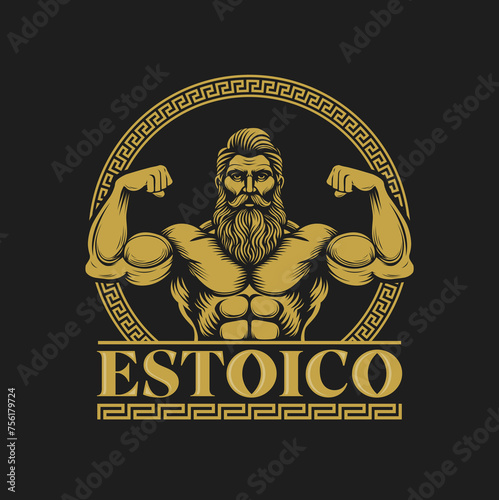 Estoico, Stoic spanish text Muscular man with beard emblem design