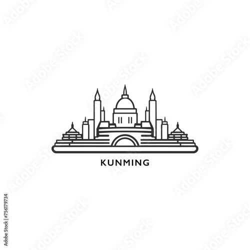 China Kunming cityscape skyline city panorama vector flat modern logo icon. Asian megapolis town emblem idea with landmarks and building silhouettes. Isolated graphic