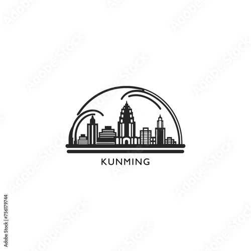 China Kunming cityscape skyline city panorama vector flat modern logo icon. Asian megapolis town emblem idea with landmarks and building silhouettes. Isolated graphic