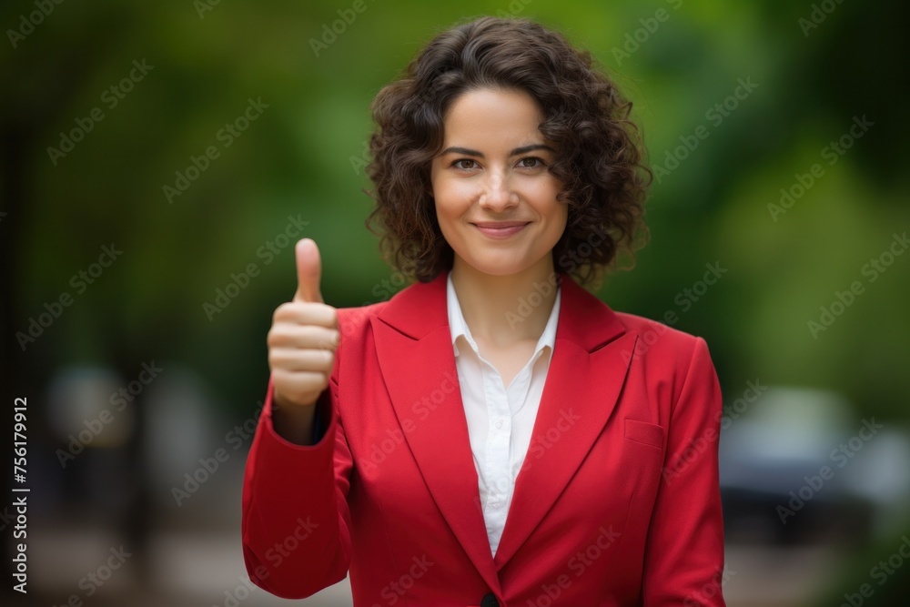 Woman in red dress gives thumbs up against blurred background Woman in red dress gives thumbs up against blurred background