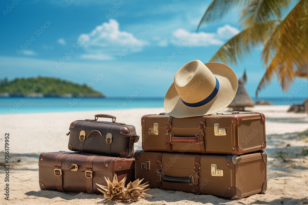 Suitcases with straw hat on the tropical sand beach with palms - obrazy, fototapety, plakaty 