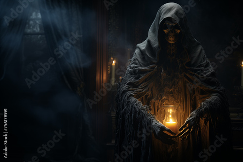 Grim reaper collecting the souls of innocents. Halloween festival concept