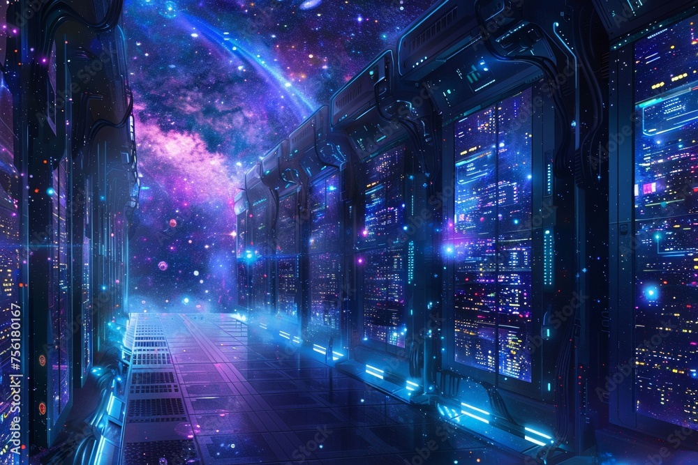 Imagine a futuristic data center amidst galaxies embodying the concept of limitless scalability and infinite data storage Imagine a futuristic data center amidst galaxies embodying the concept of limitless scalability and infinite data storage