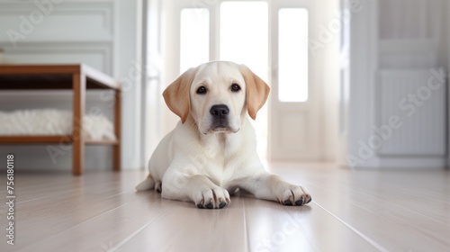 A cute Labrador rests on a white living room carpet. Ai Generated.