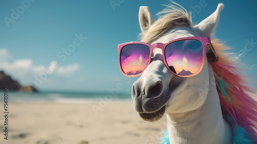 Experience the intensity of an unicorn leaping onto the beach in a stunning close-up photo, Ai Generated.