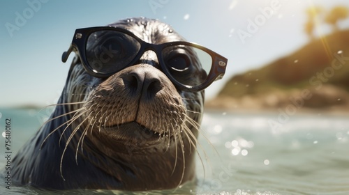 Playful seal leaps onto the beach, sporting stylish sunglasses, a splash of coastal coolness, Ai Generated.