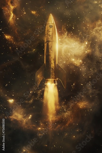 Magazine-style golden rocket exploration surreal space depths