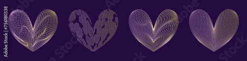 Grid y2k set heart gradient shape. 3d graphic design y2k retro style. Mesh grid line shape. Vector illustration