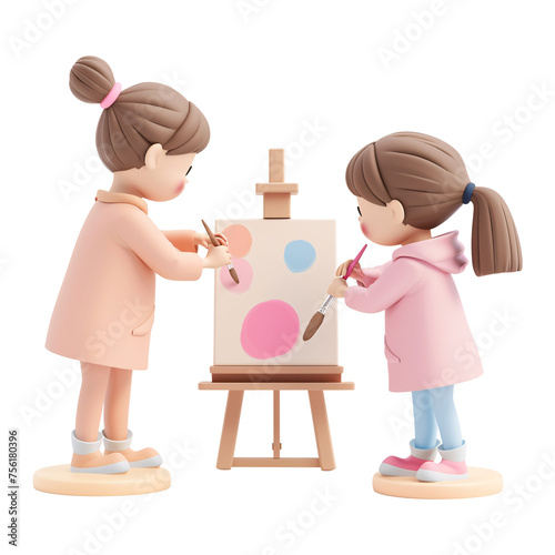 3D PNG cartoon character of a mother and daughter painting on easels