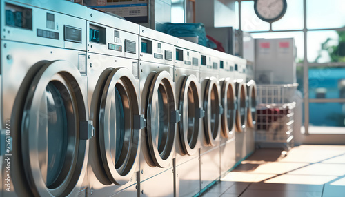 A row of white washers and dryers are lined up in a laundry room