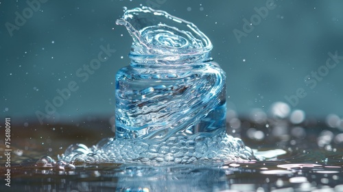 A dynamic and refreshing water splash captured mid-twirl inside a transparent glass bottle.