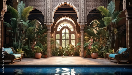 A beautiful, ornate pool area with a large fountain and a couch photo