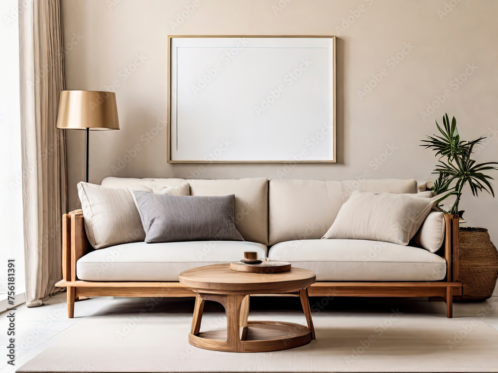 Blank Poster Frame mockup on white wall living room, modern interior with plant, tea Table, White sofa Blank Poster Frame mockup on white wall living room, modern interior with plant, tea Table, White sofa