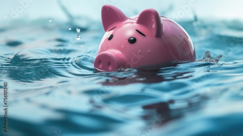Pink piggy bank afloat on sea water, resiliently defying sinking, a whimsical savings metaphor, Ai Generated. photo