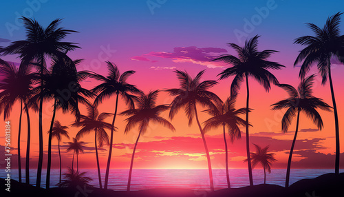 A beautiful sunset over the ocean with palm trees in the background © terra.incognita