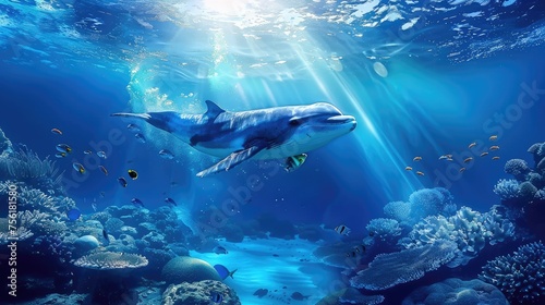 Stunning blue ocean background with sunlight filtering through  revealing an enchanting undersea scene. Ai Generated